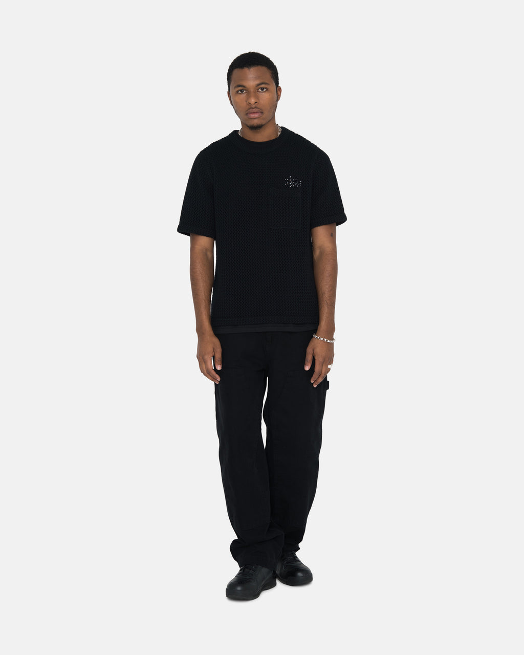 Stussy O'dyed Heavyweight Mesh Crew Camicie Nere | 587ETFQLP