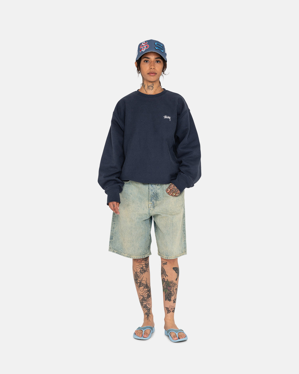 Stussy Overdyed Stock Logo Crew Pantaloncini Blu Marino | 306TLINFB