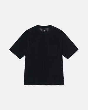 Stussy O'dyed Heavyweight Mesh Crew Camicie Nere | 587ETFQLP